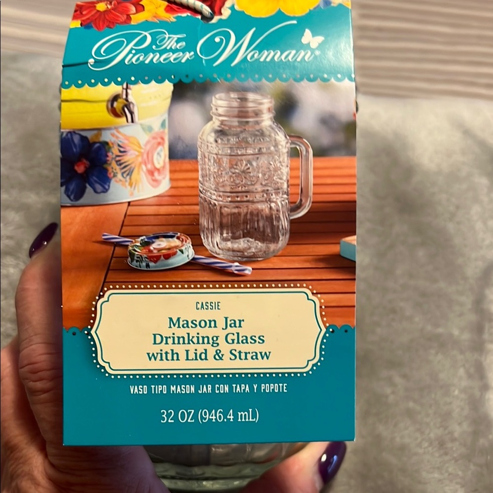 The Pioneer Woman Floral Mason Jar with Blue Straw set of three - Picture 7 of 7